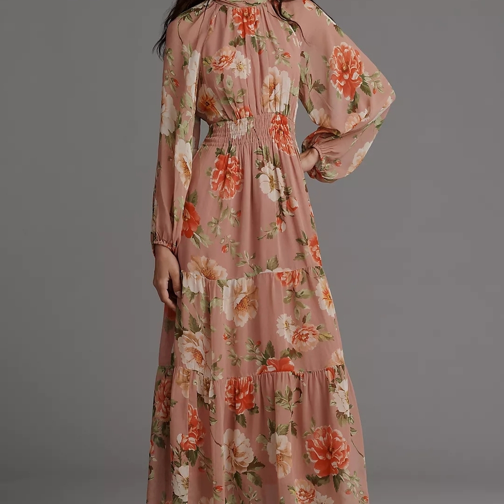Anthropologie Pink and Orange Floral Maxi Dress